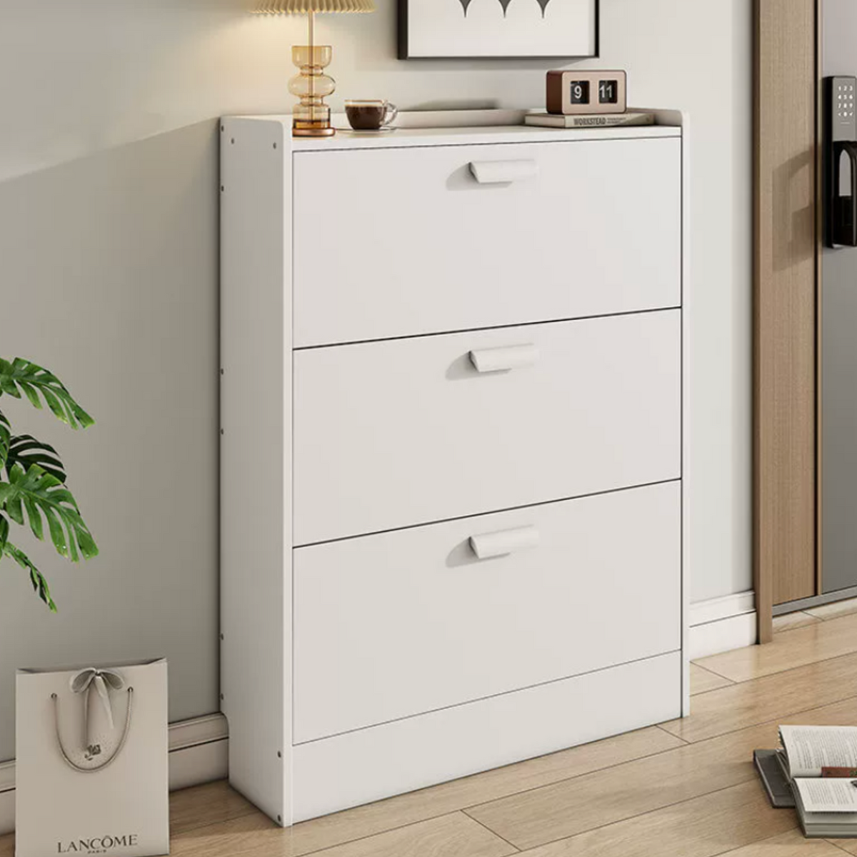 3-Tier White Oak Shoe Cabinet