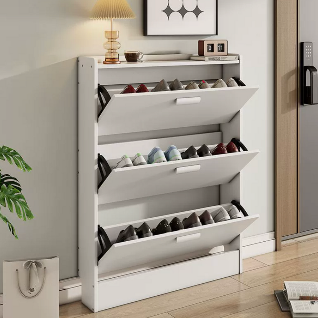 3-Tier White Oak Shoe Cabinet