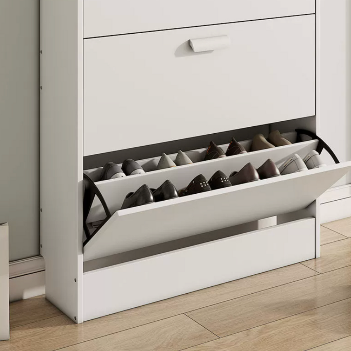 3-Tier White Oak Shoe Cabinet
