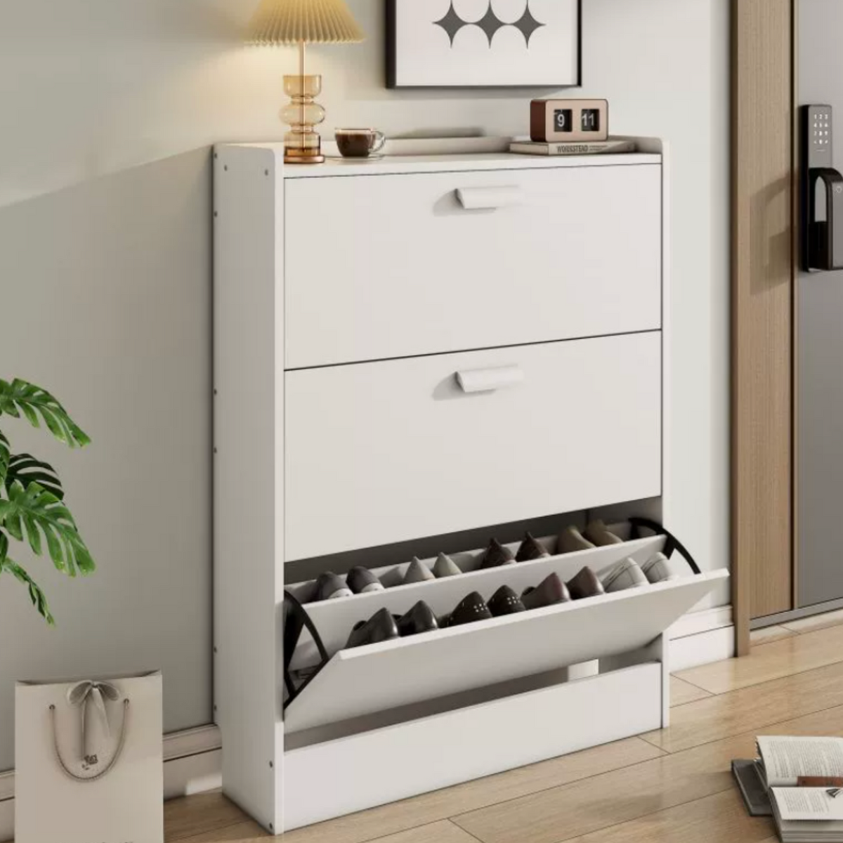3-Tier White Oak Shoe Cabinet