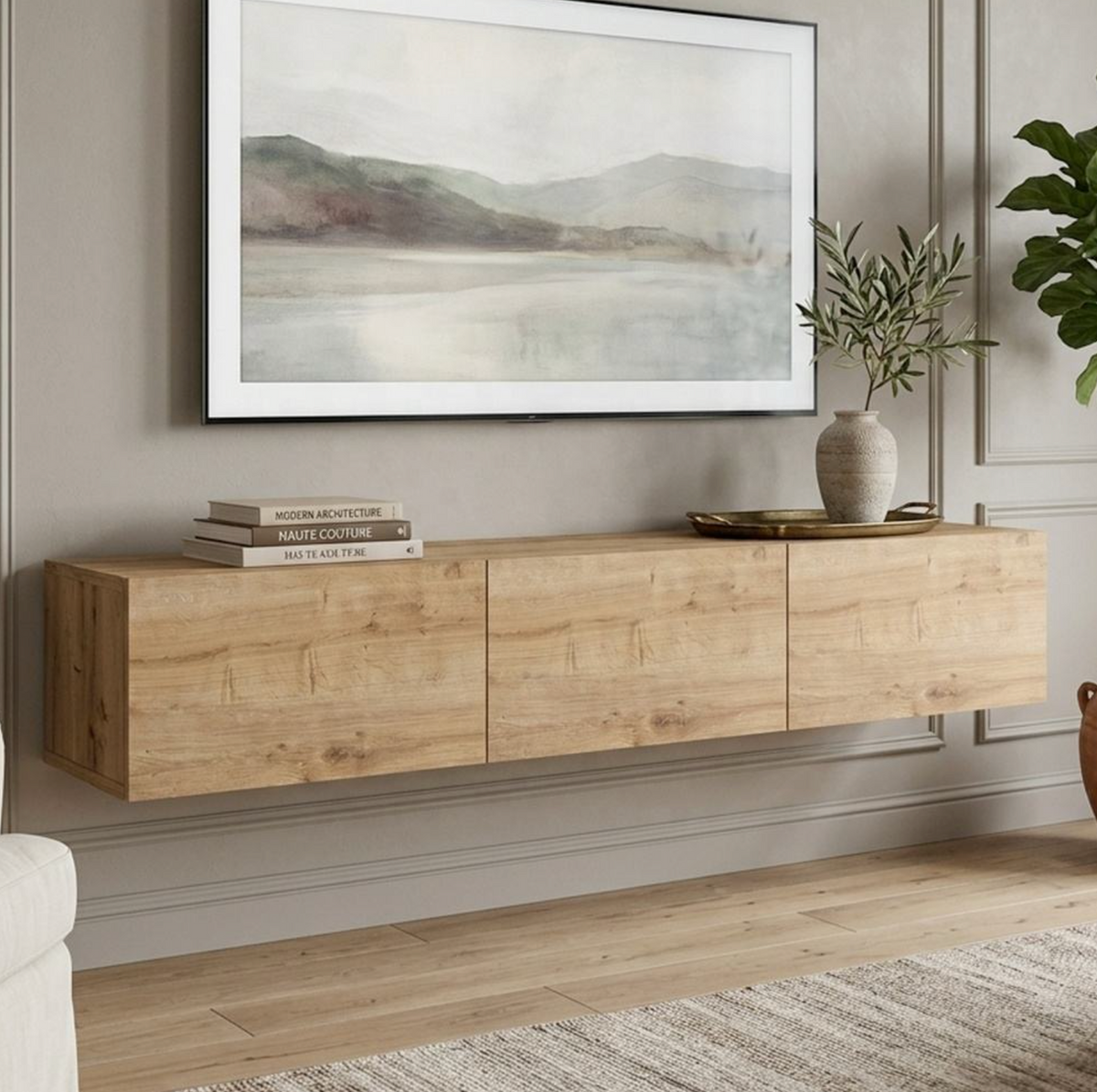 Wall-Mounted TV Stand with 3-Door Storage Cabinets